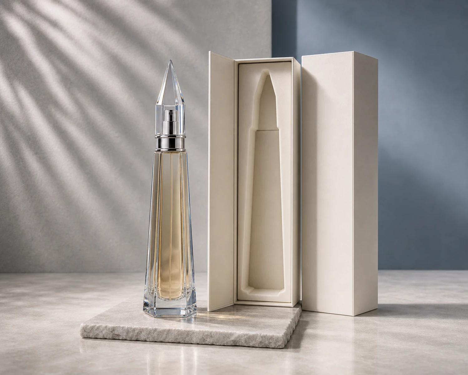 Obelisk Shape Perfume Bottle bottle with retail box packaging for custom glass fragrance packaging