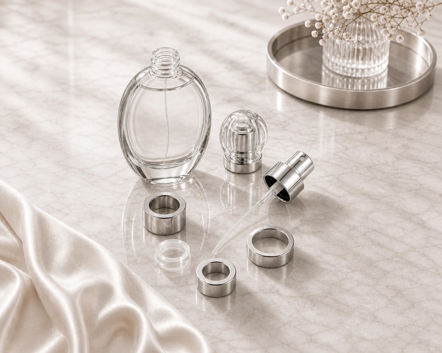 accessories detail image of Oval Glass Perfume Bottle showing sprayer, cap and perfume packaging components