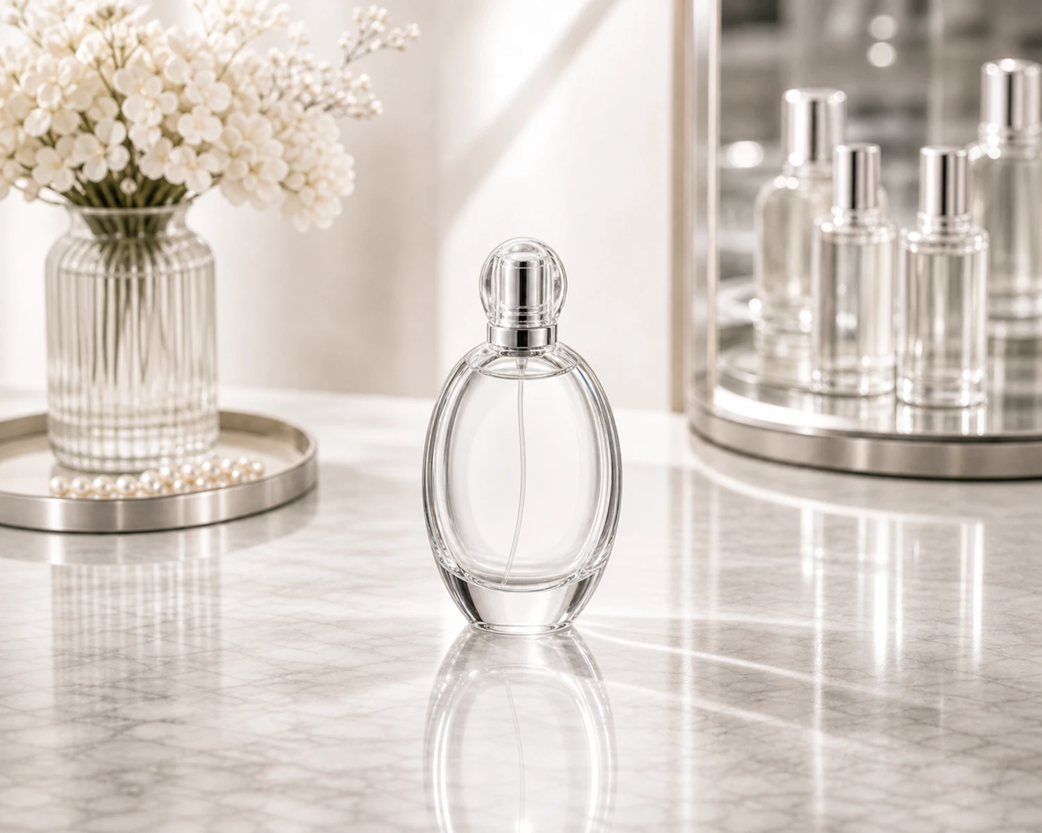 Oval Glass Perfume Bottle finished bottle campaign image showing luxury perfume packaging presentation