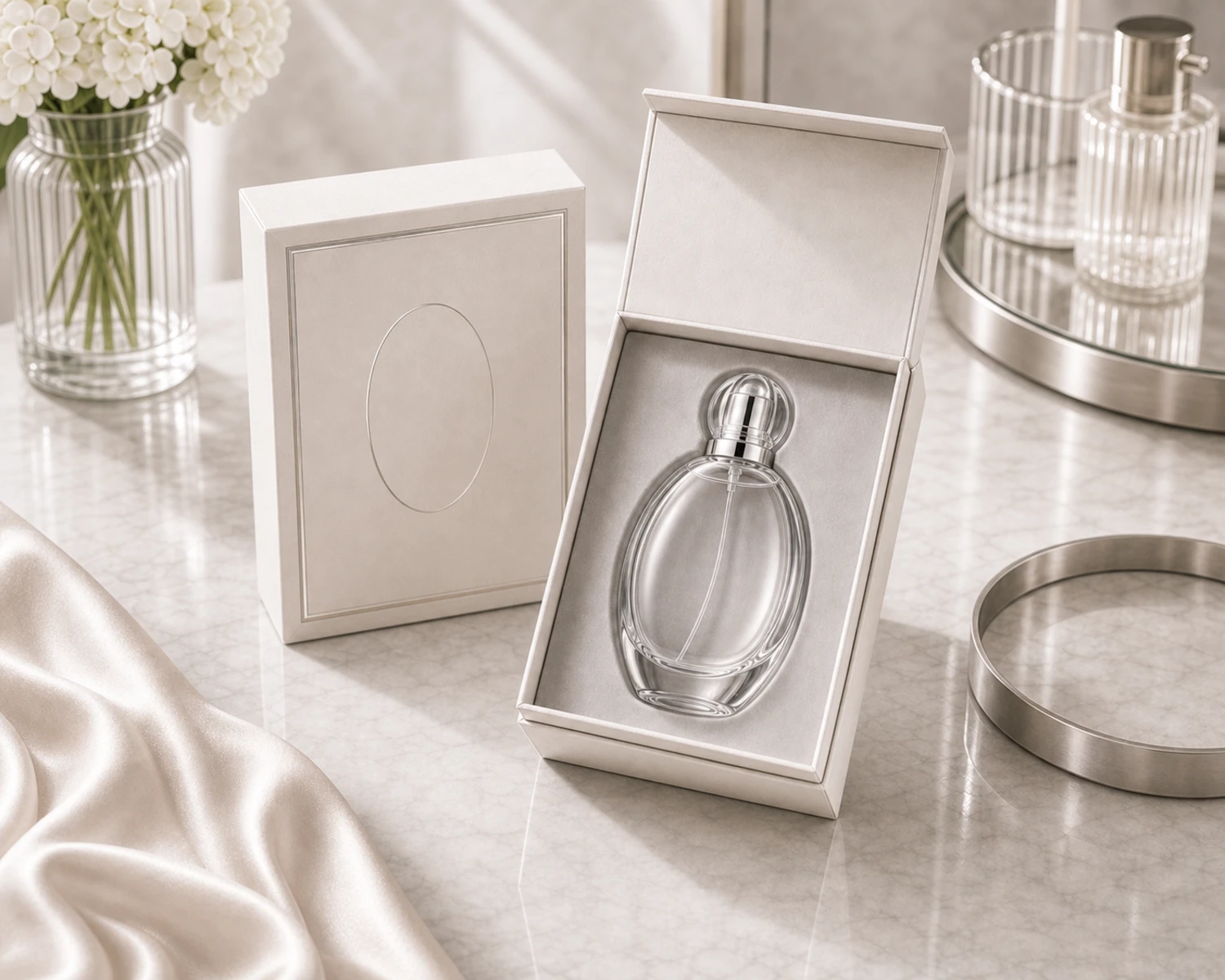 gift box packaging image of Oval Glass Perfume Bottle showing premium perfume retail box presentation
