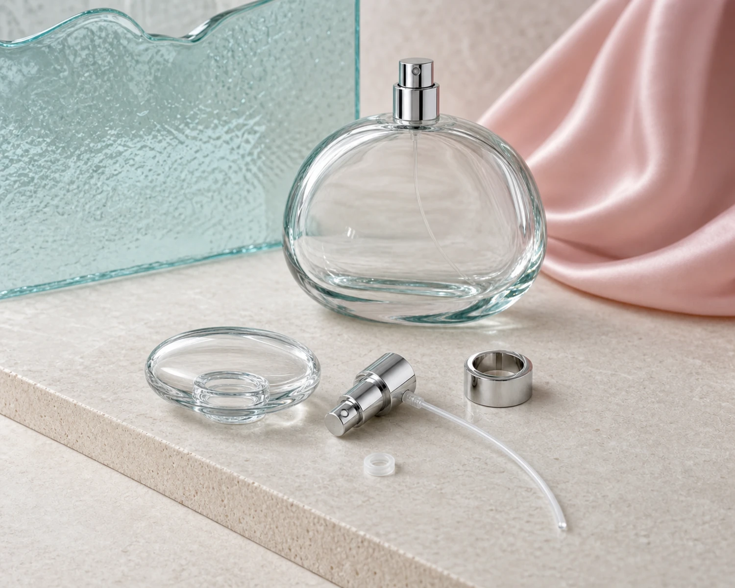 Pebble Shape Perfume Bottle sprayer cap and accessory detail for custom glass fragrance packaging