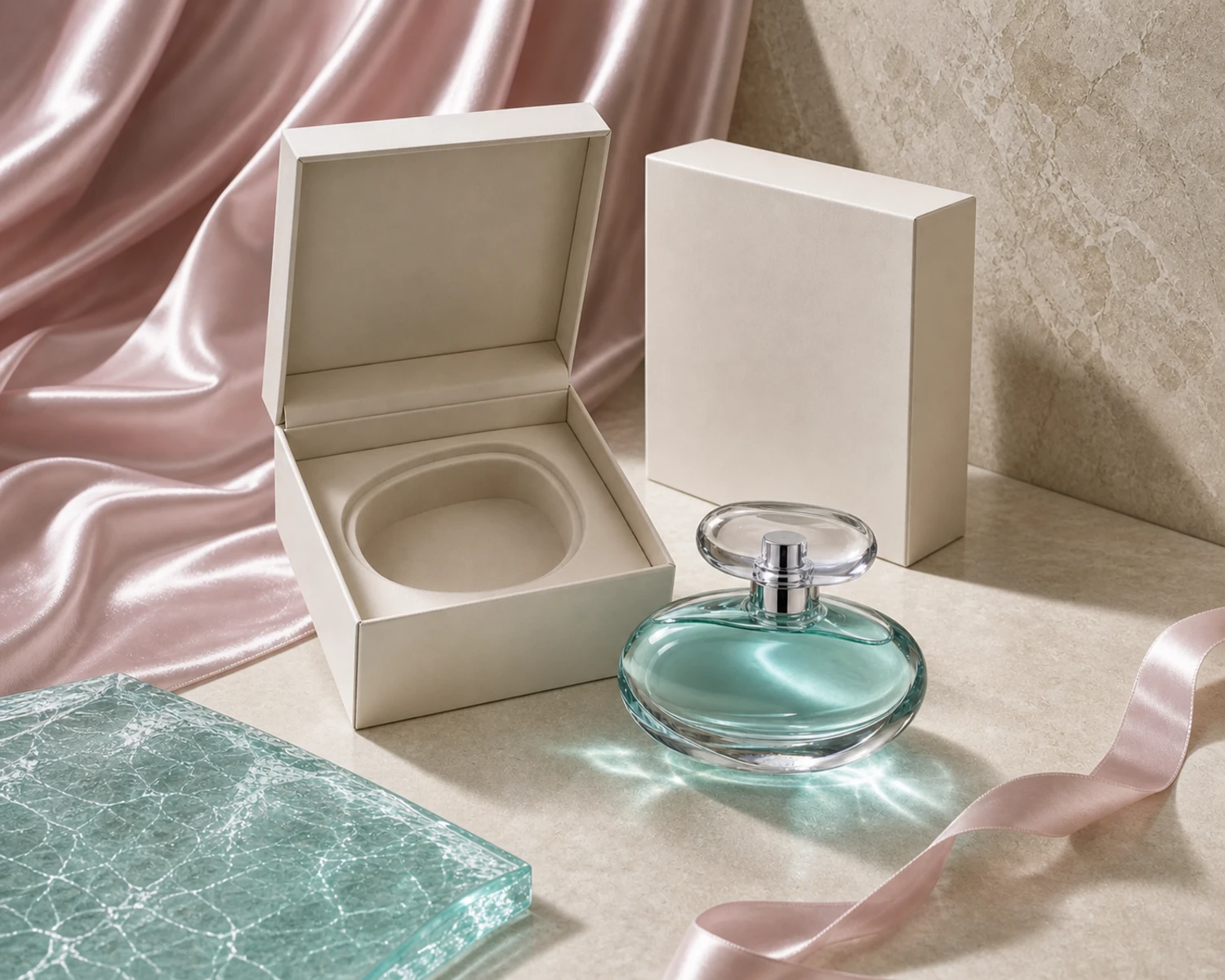 Pebble Shape Perfume Bottle bottle with retail box packaging for custom glass fragrance packaging