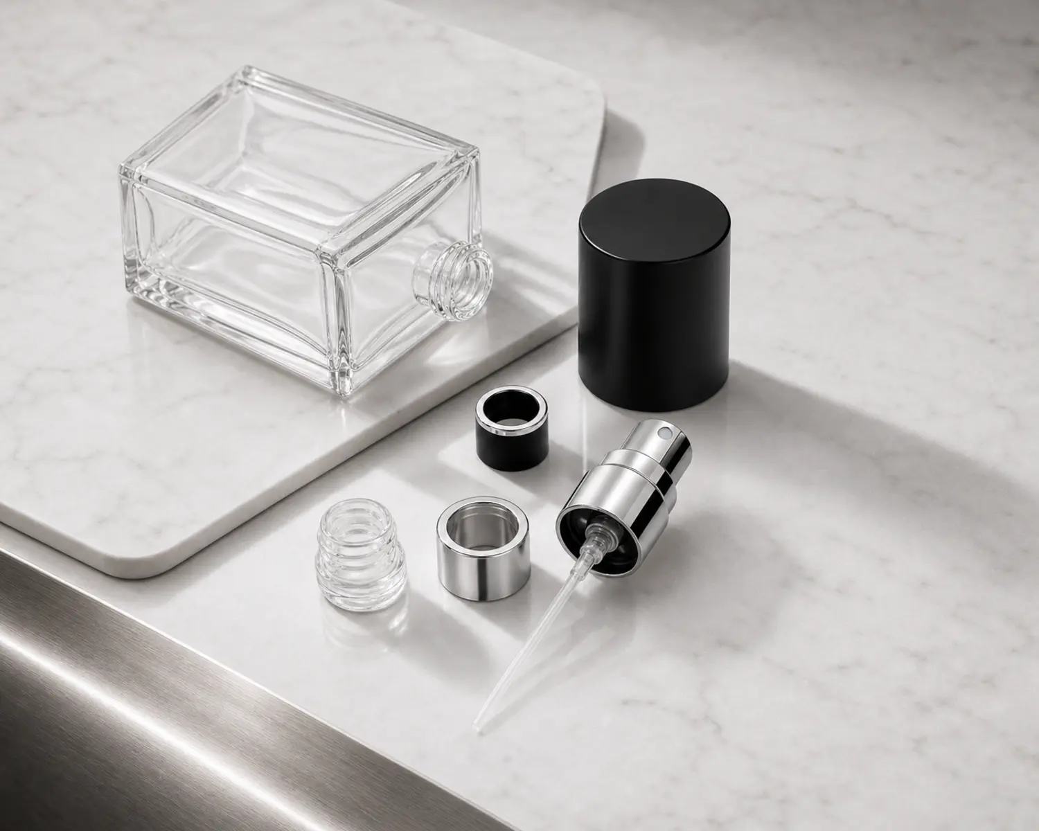 accessories detail image of Rectangular Glass Perfume Bottle showing sprayer, cap and perfume packaging components