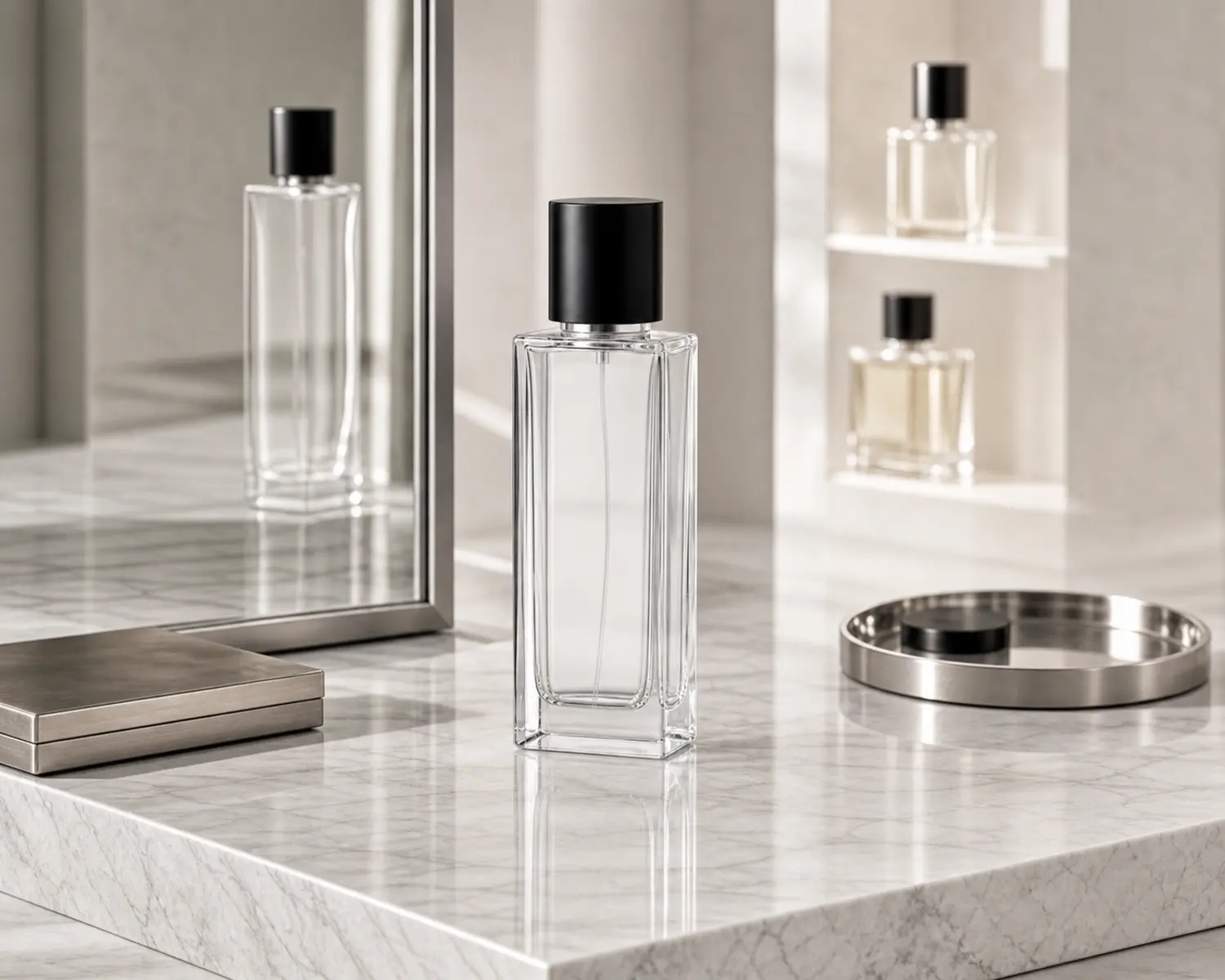 Rectangular Glass Perfume Bottle finished bottle campaign image showing luxury perfume packaging presentation