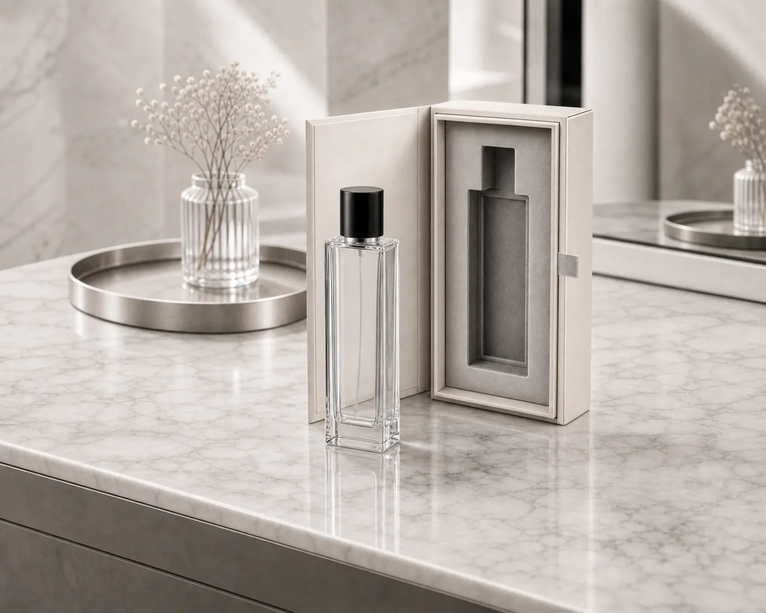 gift box packaging image of Rectangular Glass Perfume Bottle showing premium perfume retail box presentation