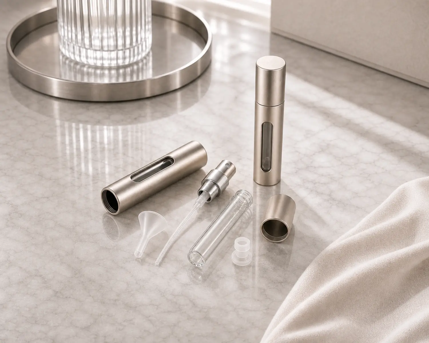 accessories detail image of Refillable Travel Mini Perfume Bottle showing sprayer, cap and perfume packaging components