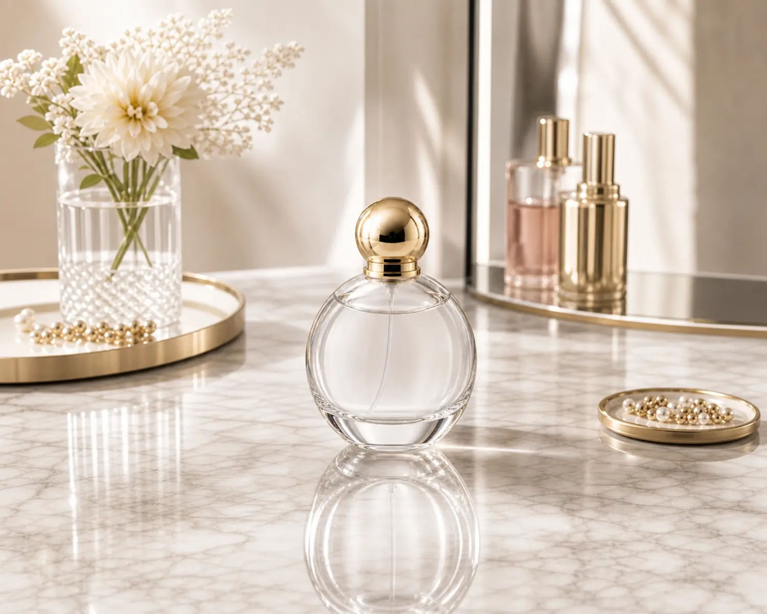 Round Heavy-Base Glass Perfume Bottle finished bottle campaign image showing luxury perfume packaging presentation