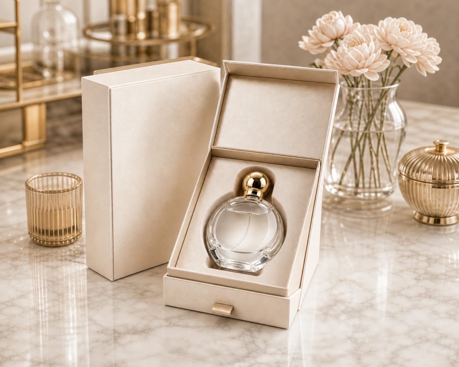 gift box packaging image of Round Heavy-Base Glass Perfume Bottle showing premium perfume retail box presentation