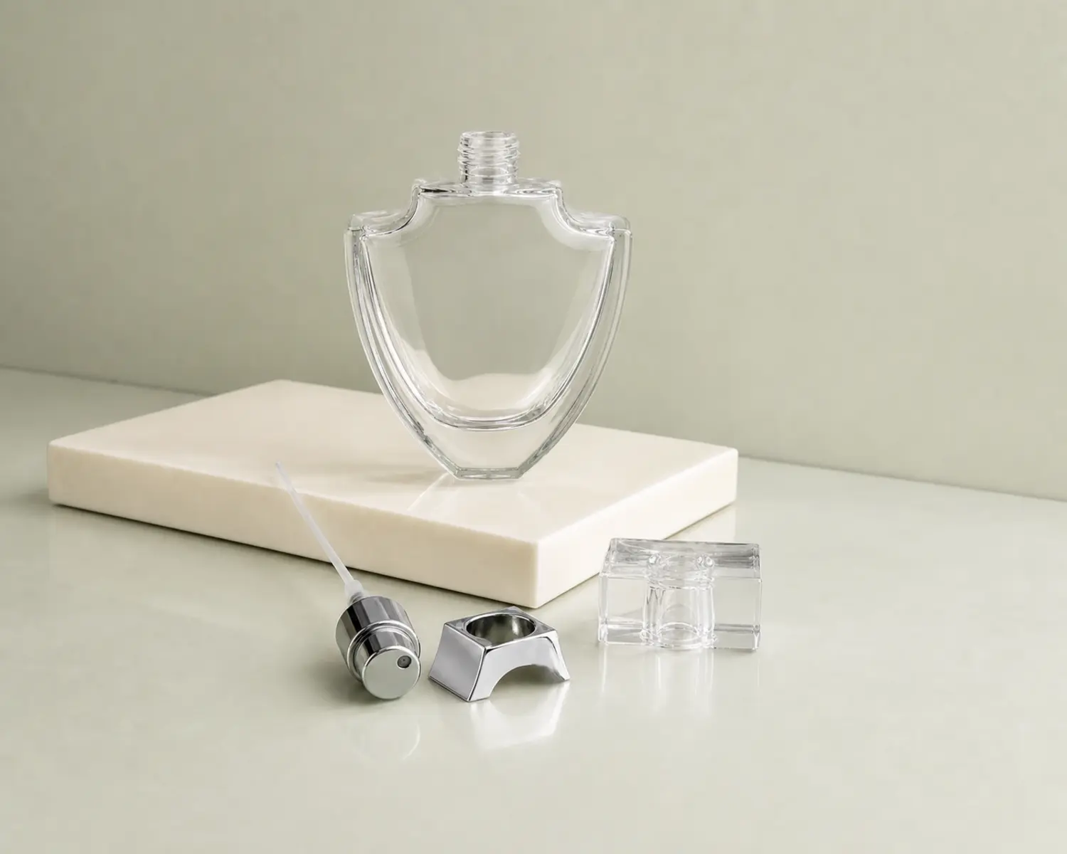 Shield Shape Perfume Bottle sprayer cap and accessory detail for custom glass fragrance packaging
