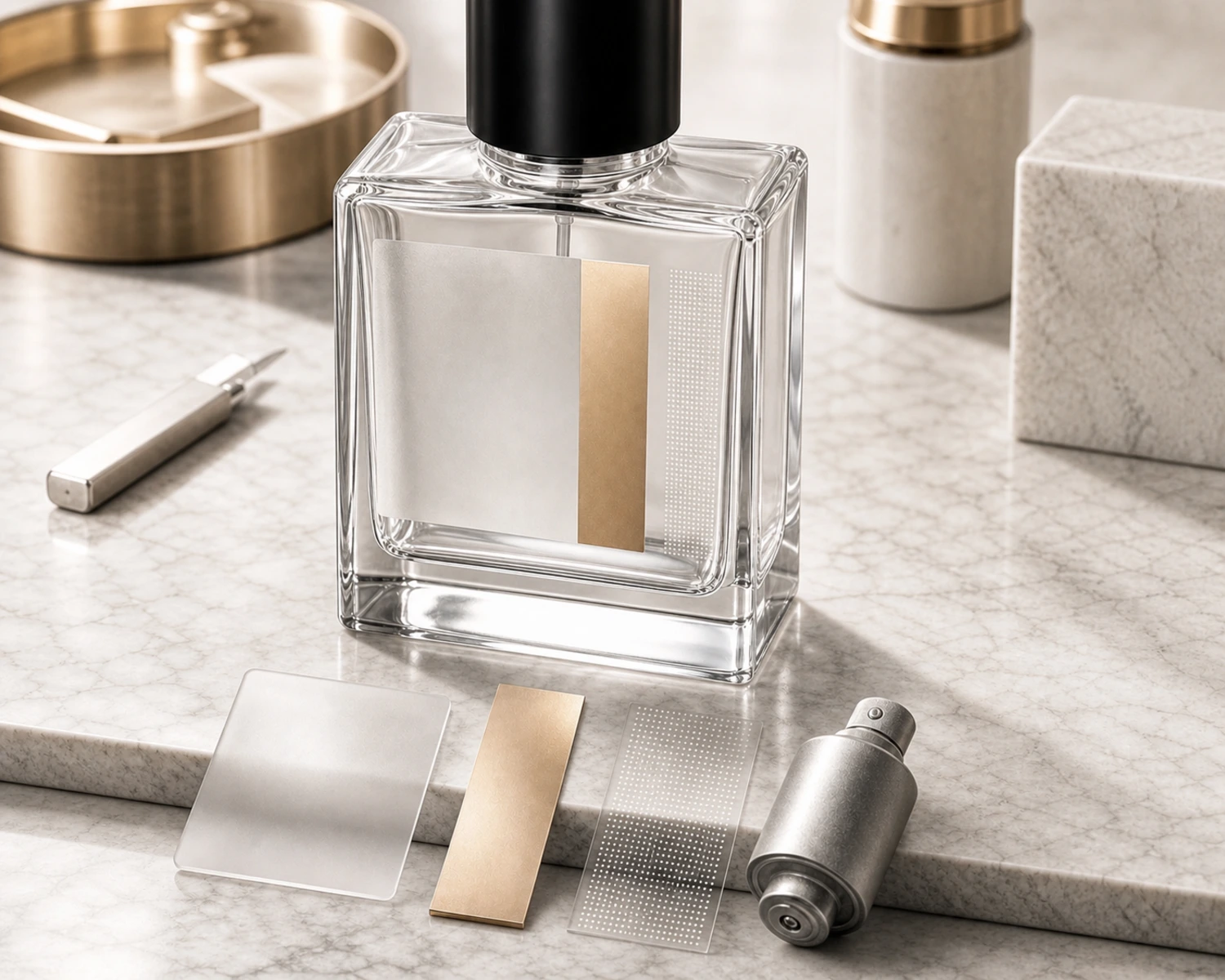 decoration process detail image of Square Heavy-Base Glass Perfume Bottle showing finish, printing or surface treatment