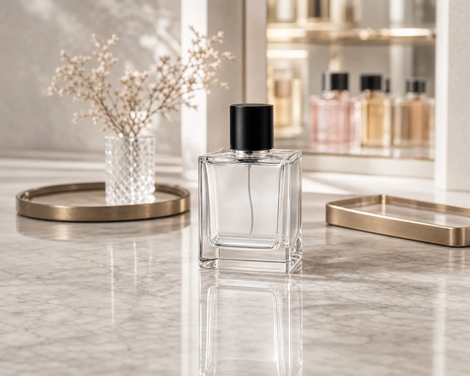Square Heavy-Base Glass Perfume Bottle finished bottle campaign image showing luxury perfume packaging presentation