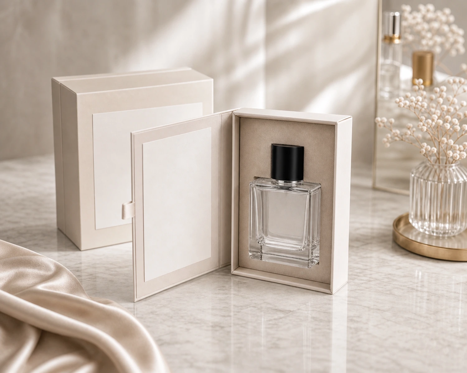 gift box packaging image of Square Heavy-Base Glass Perfume Bottle showing premium perfume retail box presentation