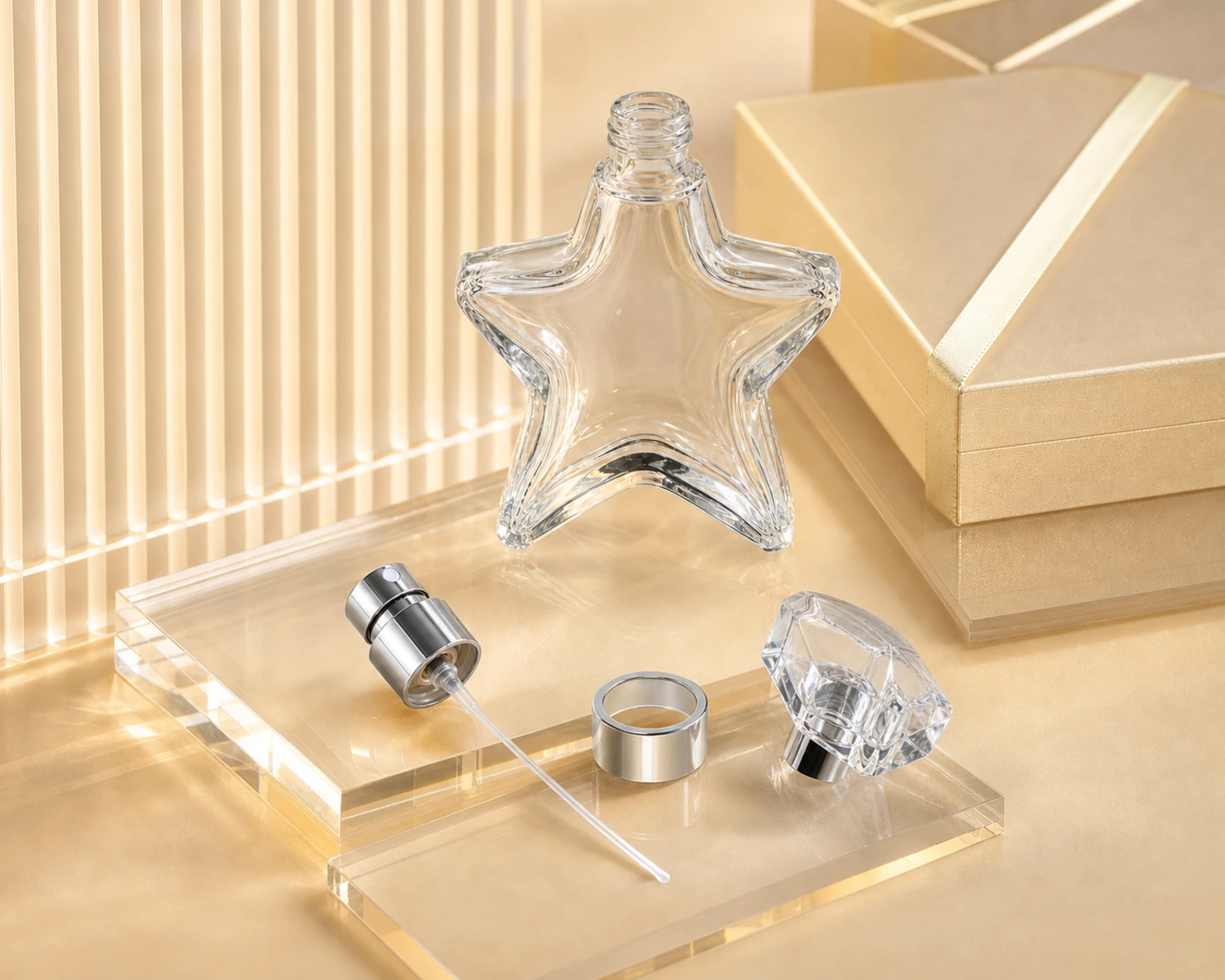 Star Shape Perfume Bottle sprayer cap and accessory detail for custom glass fragrance packaging