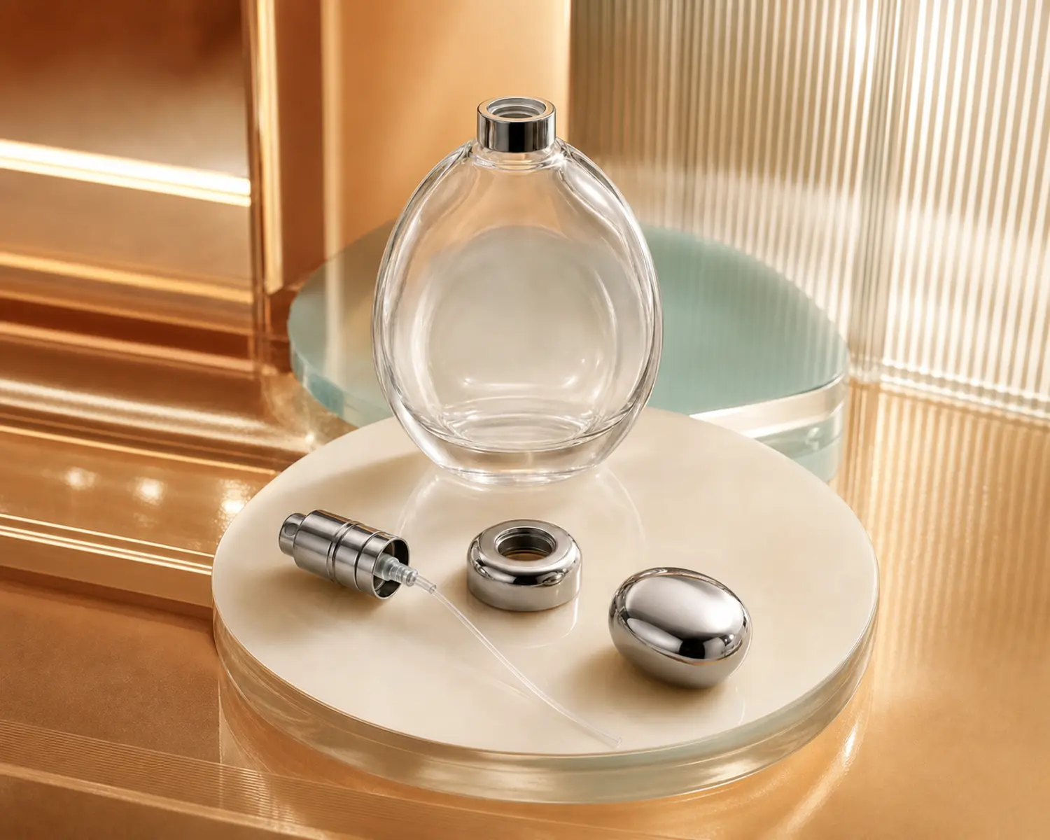 Talisman Shape Perfume Bottle sprayer cap and accessory detail for custom glass fragrance packaging