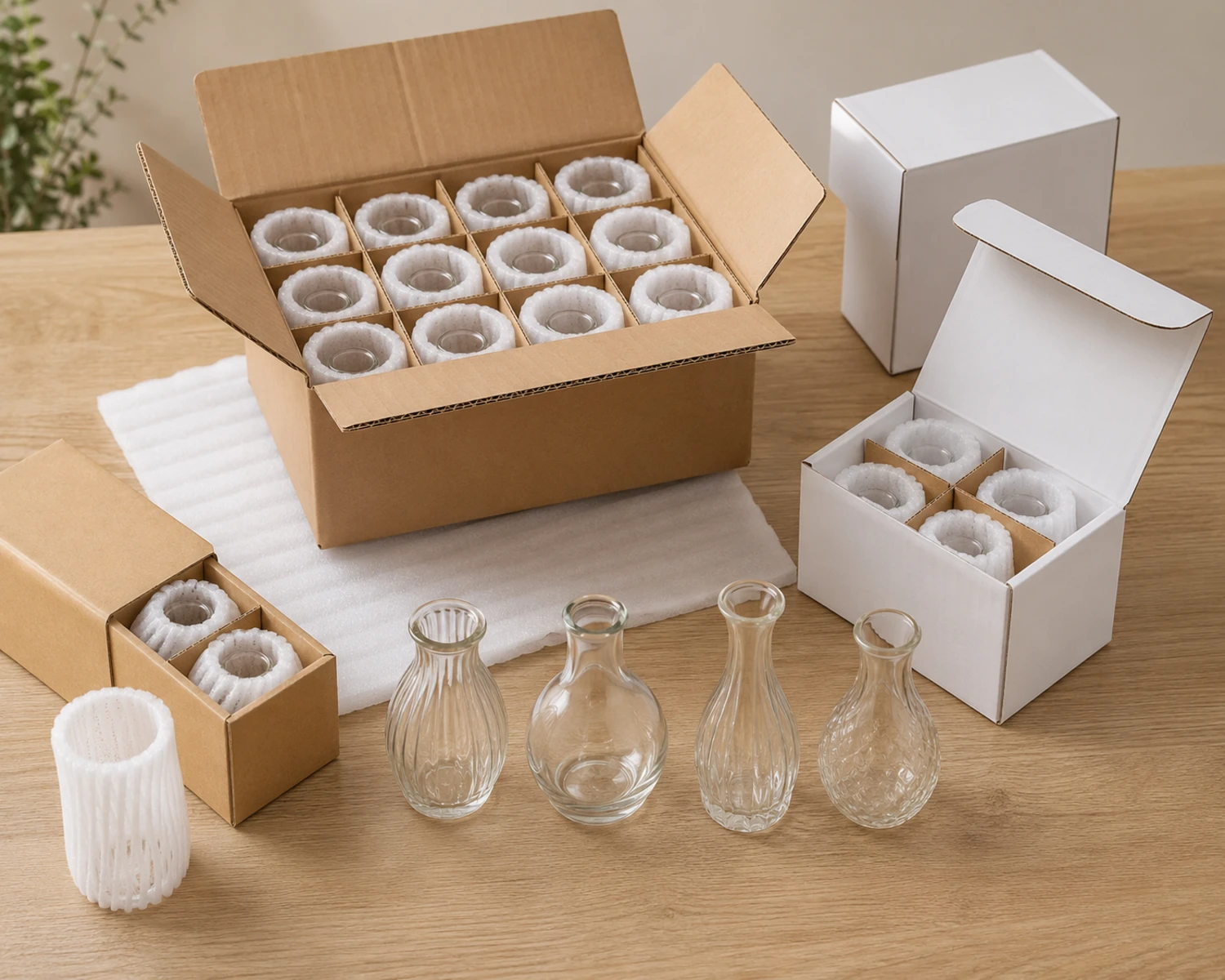 protective packaging image of Bud Glass Vase showing export carton, divider or foam protection