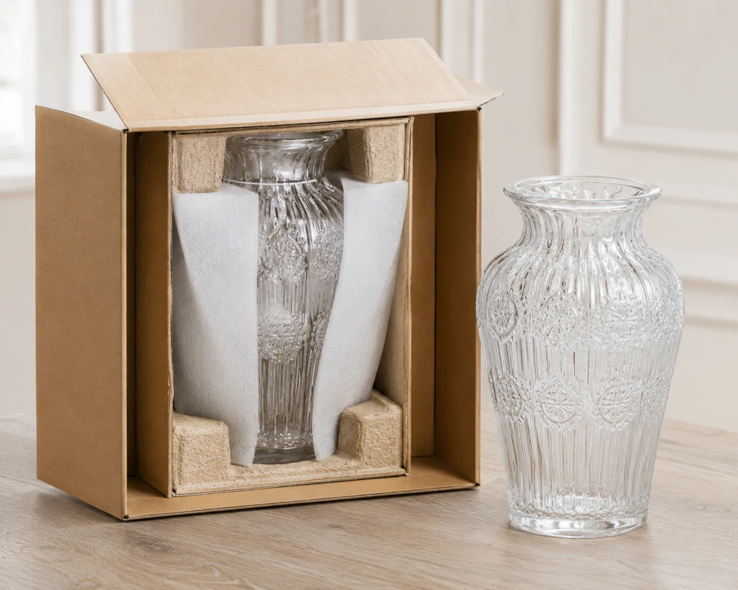 protective packaging image of Embossed Decorative Glass Vase showing export carton, divider or foam protection