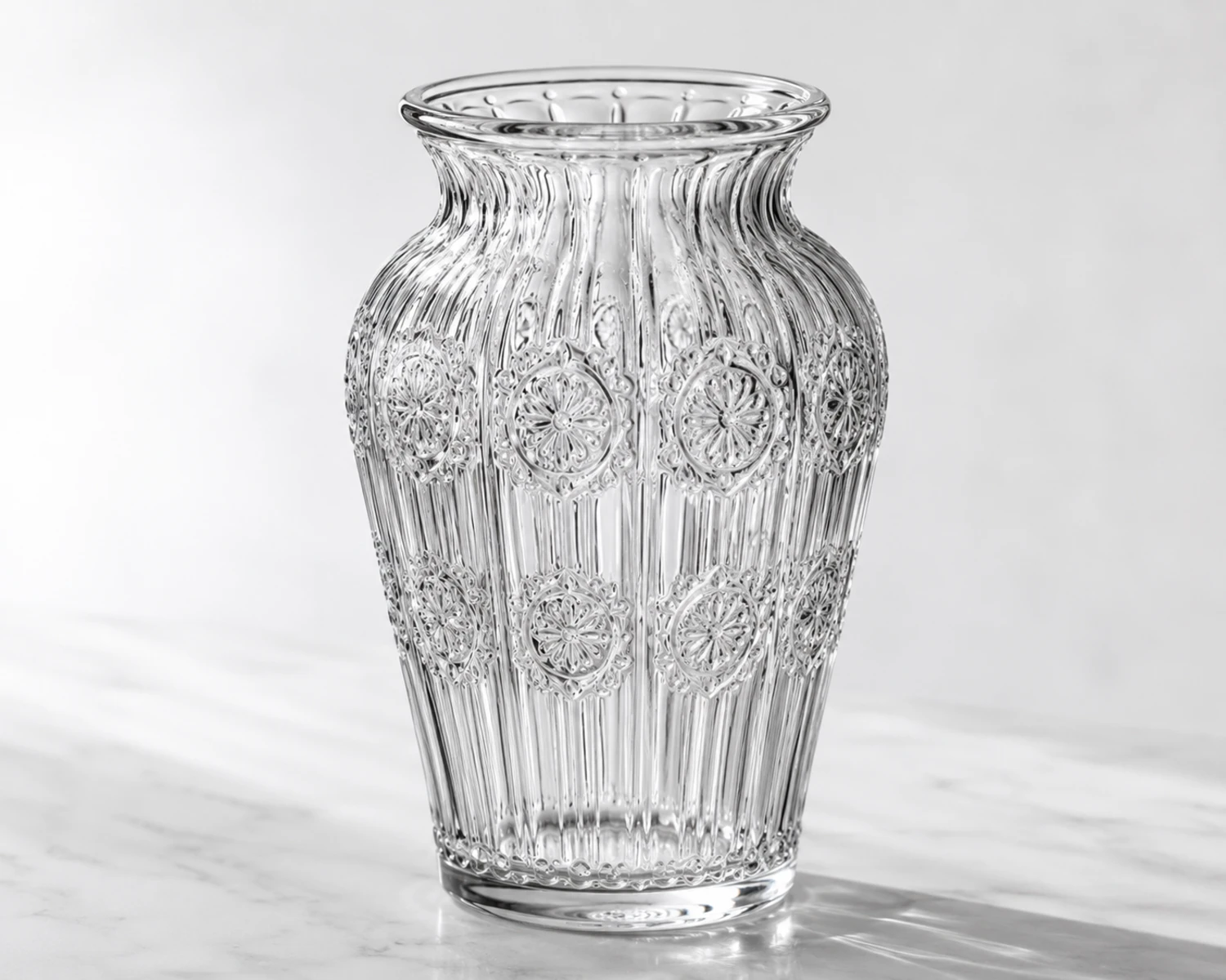 shape and rim detail image of Embossed Decorative Glass Vase showing vase opening, profile and glass structure