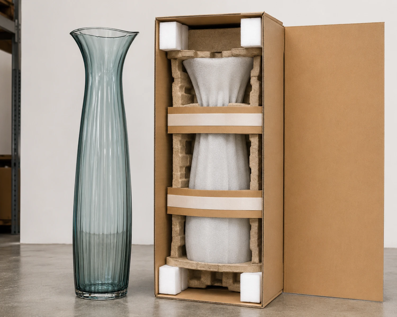 protective packaging image of Floor Glass Vase showing export carton, divider or foam protection