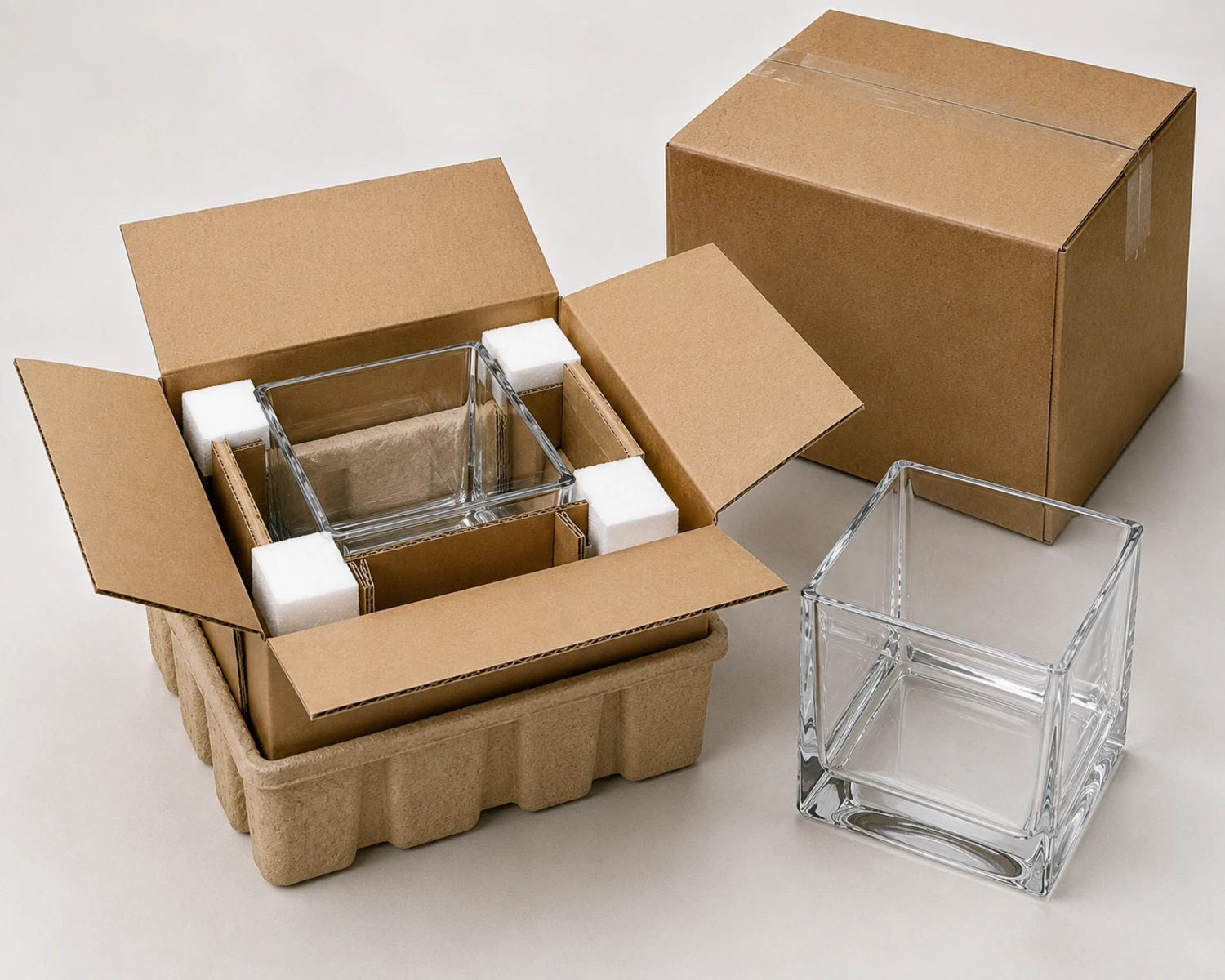 protective packaging image of Square Glass Vase showing export carton, divider or foam protection
